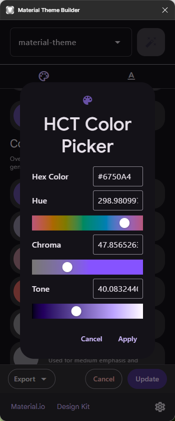 Figma Material Theme Builder Source Color HCT Color Picker Dark