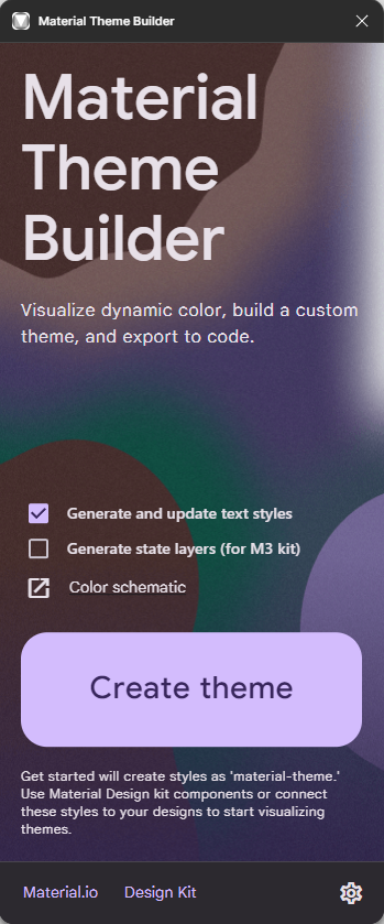 Figma Welcome Screen Material Theme Builder plugin Dark